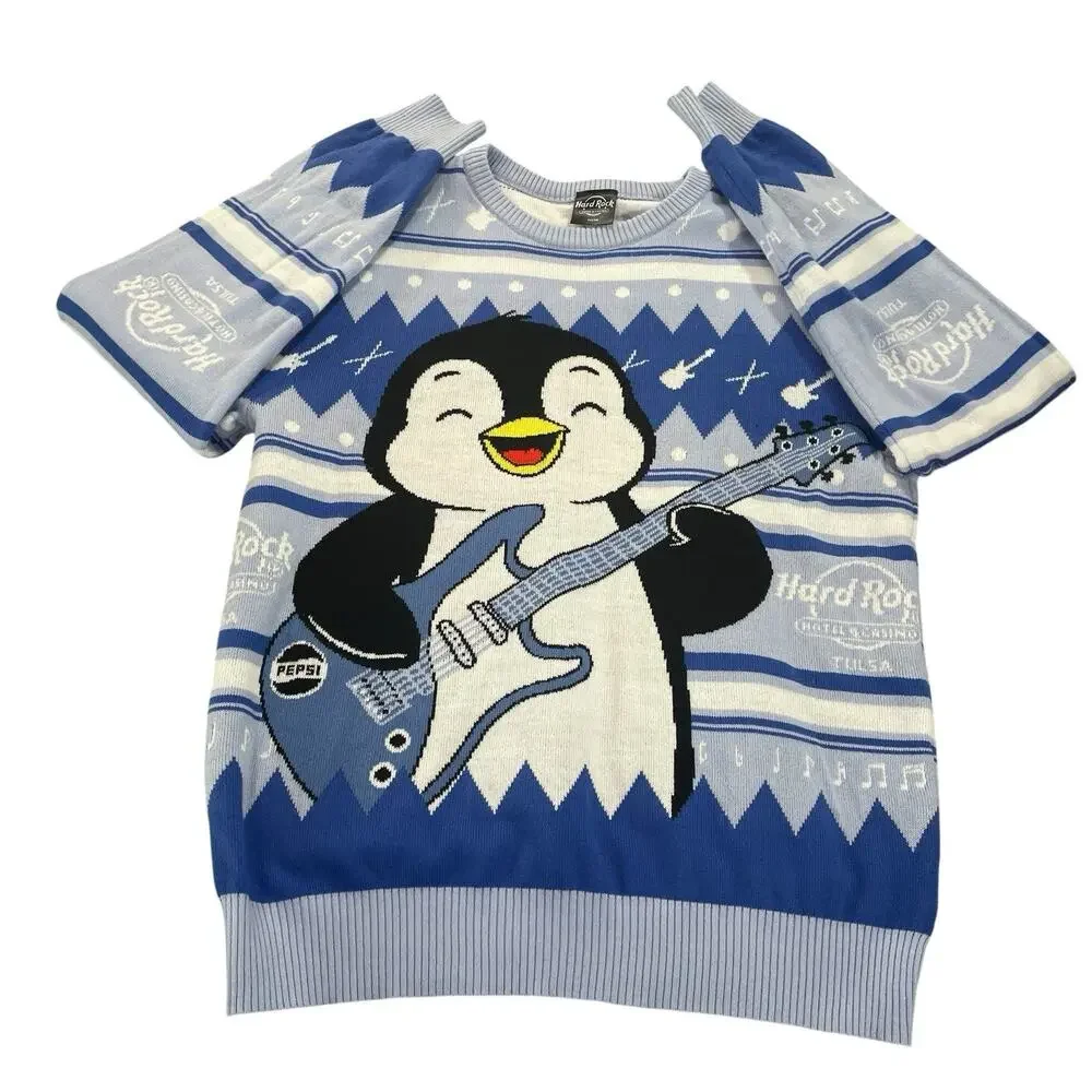 Hard Rock Hotel Casino Tulsa Sweater Men's Large Penguin Guitar Winter Theme